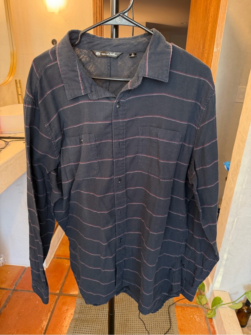 Travis Mathew Black Button-Down Shirt with Pink Stripe